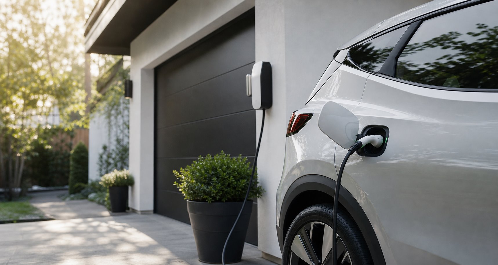 Electric vehicle connected to a home wall charger in a residential driveway